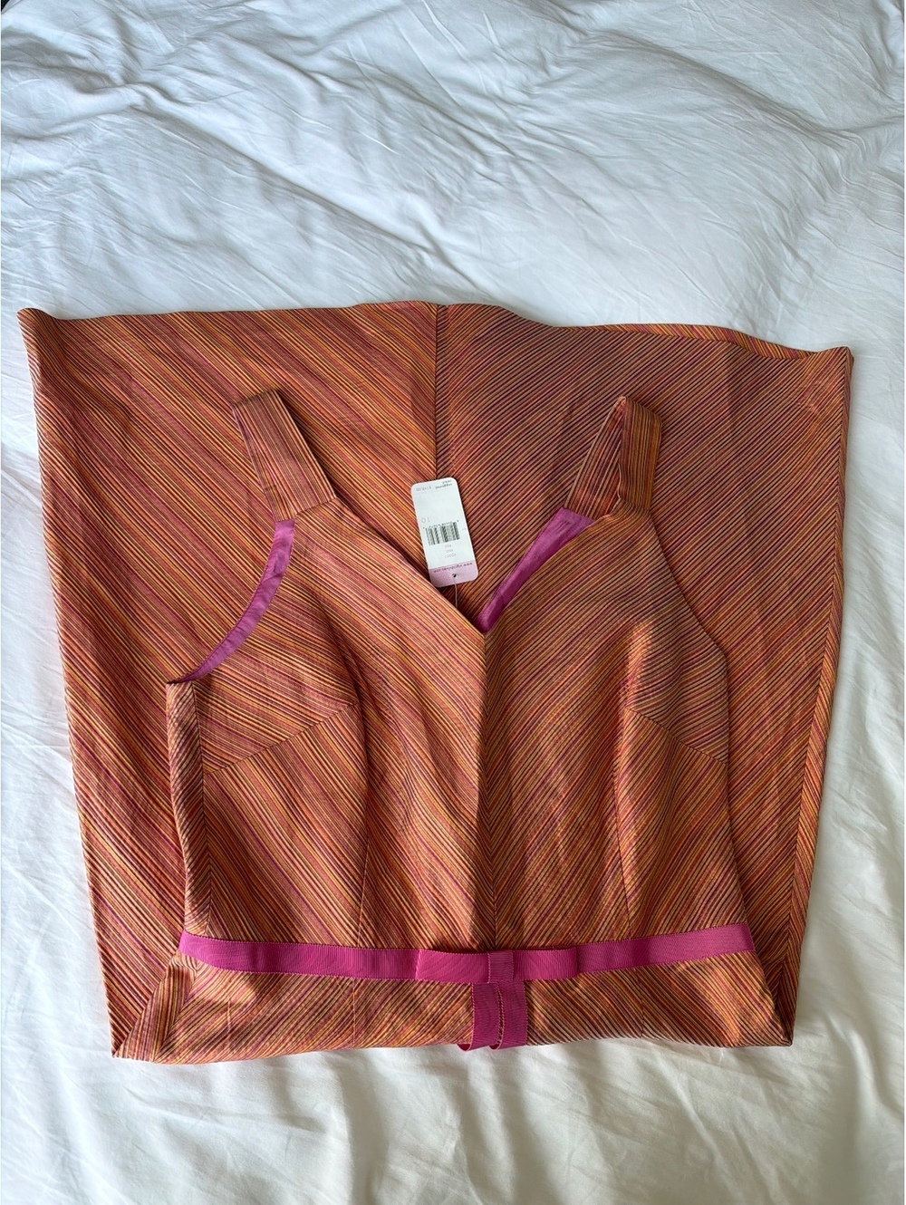 Sigrid Olsen NWT Vintage Silk Chevron Stripe Midi Bow Dress Pink Orange 10